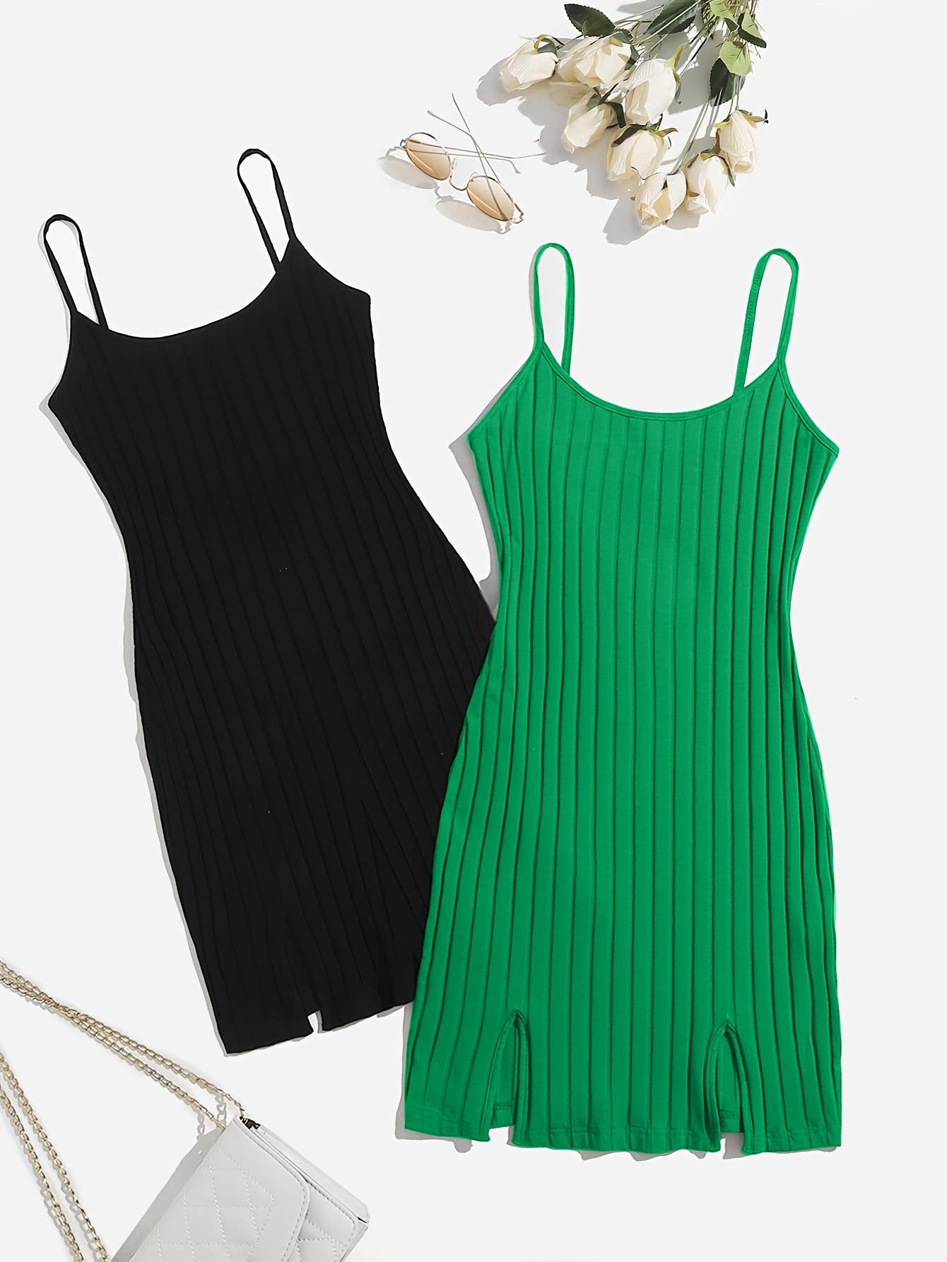 Two solid ribbed lounge dresses with a casual crew neck, split slip design for women's loungewear.