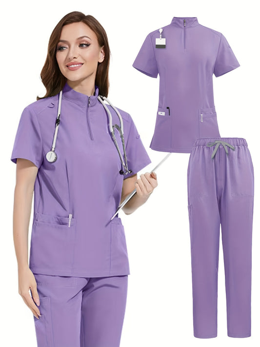 Women's elegant polyester scrubs set with zippered polo collar top and jogger pants, featuring multiple pockets. Made of woven fabric with 95% polyester and 5% spandex, ideal for spring