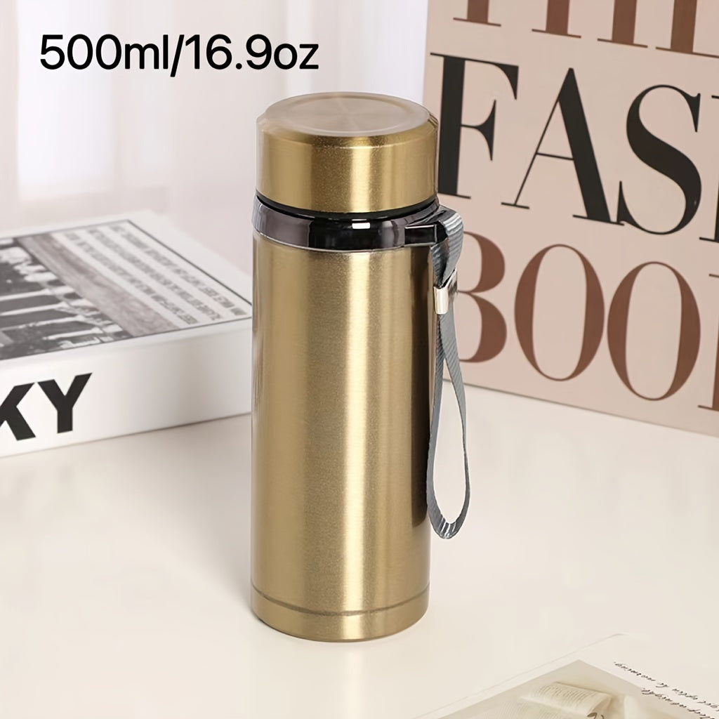 Men's large stainless steel portable travel mug with tea strainer, available for wholesale.