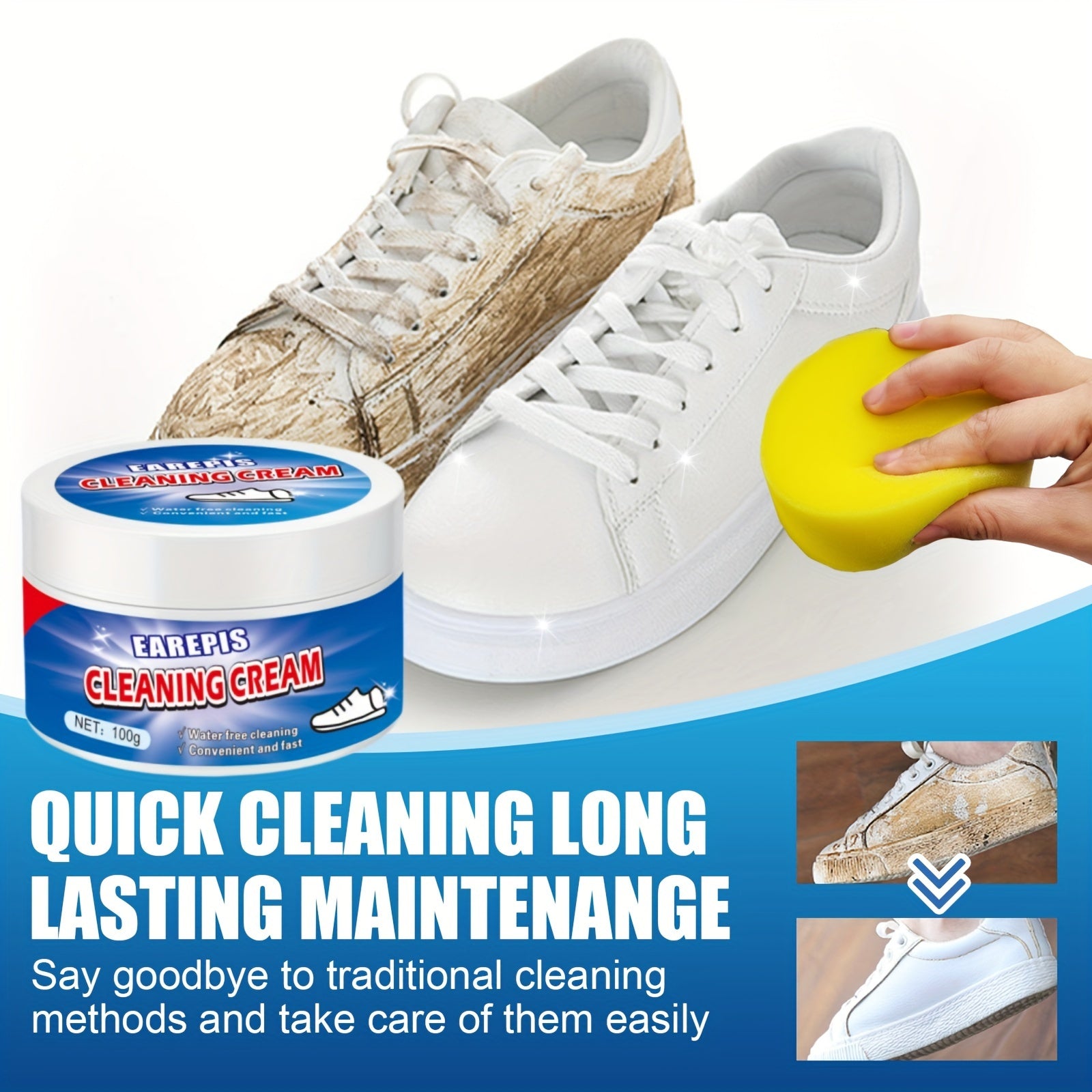 Sport Shoe Whitening Cleaning Cream with Sponge - Stain and Scuff Remover for Sneakers, Boots, and Canvas Shoes - Contains Chemicals - Quick and Effective Shoe Care Cleaner.