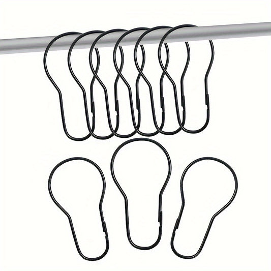 12-Pack of cast iron curtain hooks in chrome, black, and white for bathroom and kitchen drapes.