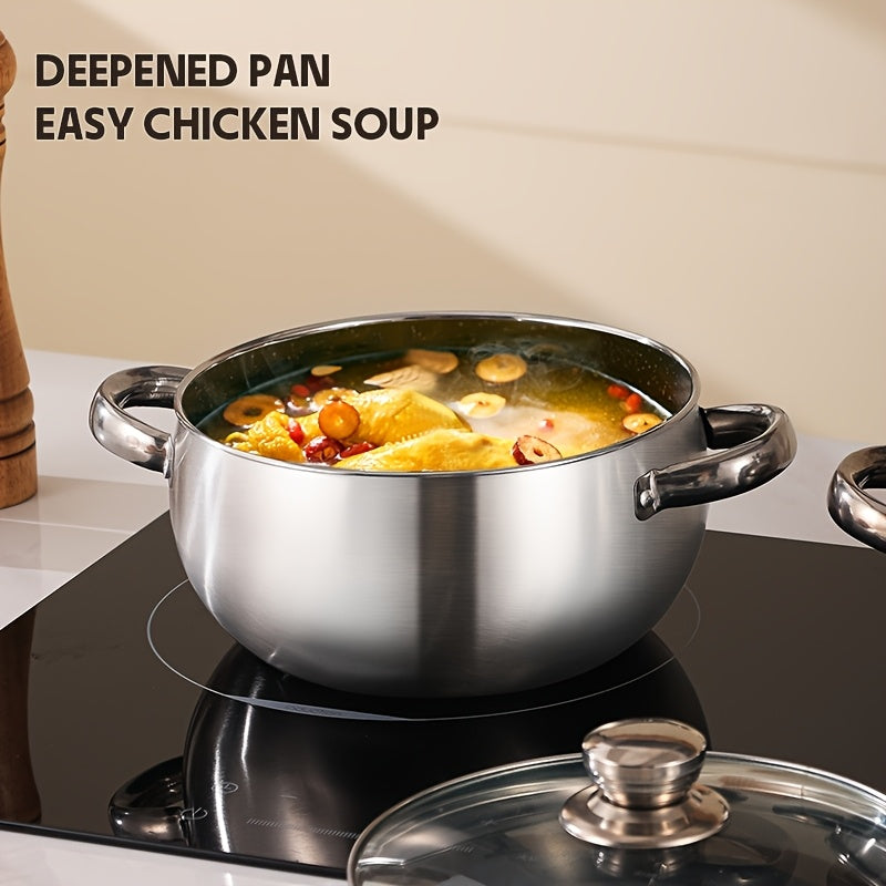 High quality Stainless Steel Cookware Set containing 6-7 pieces. Featuring a sturdy Classic Stockpot with a Glass Lid, suitable for Cooking Soup, Noodles, and other dishes. This set is Heat Resistant, Non-stick, and Easy to Clean, making it ideal for use