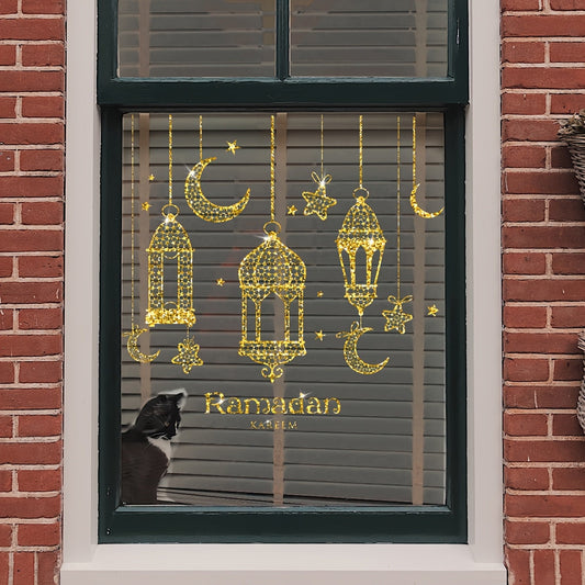 Two 20x30cm Ramadan lanterns with double-sided visible patterns, electrostatic window stickers for home window glass decoration and beautification. Design code: D12007-YX.