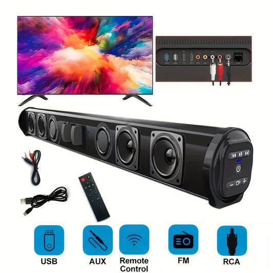 POLVCDG 20W Sound Bar with built-in subwoofer and 5.0 surround sound, wireless with USB charging. Features bass boost, button control, and active amplification. Suitable for music players