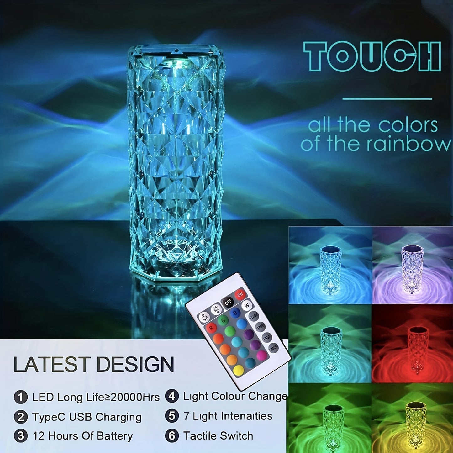 Crystal table lamp with touch sensor, changes colors, perfect for bedroom, living room, or parties. Great housewarming gift.