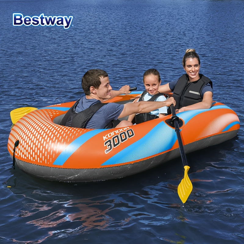 Durable inflatable kayak for 1-3 people with fast inflation system for thrilling water adventures.