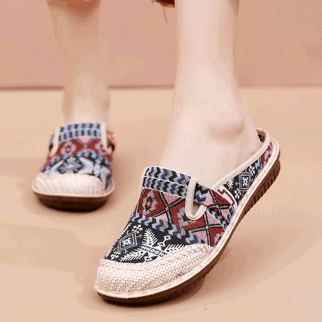 Womens Summer 2024 Fashion Tribal Style Slip-On Shoes with Breathable Fabric Upper and Faux Sole