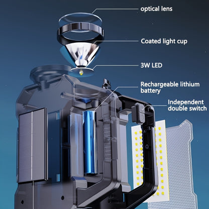 Rechargeable Solar flashlight with multiple functions, ideal for emergencies, camping, and fishing. Can charge mobile phones and power banks.