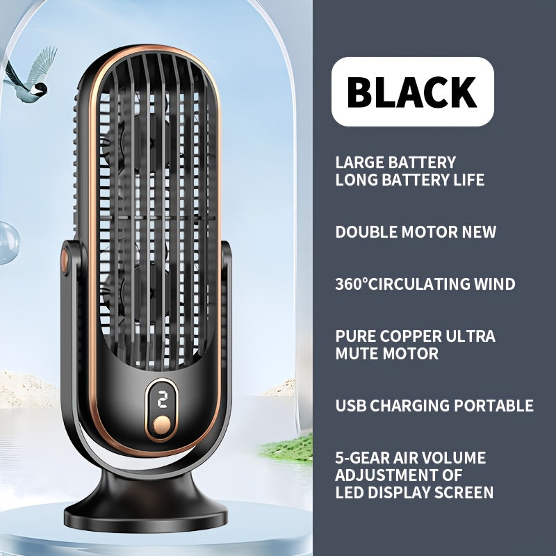 Compact and lightweight desk fan features 5-speed adjustment for customizable cooling. Perfect for use at home, in the bedroom, or while camping outdoors. USB rechargeable for convenience.