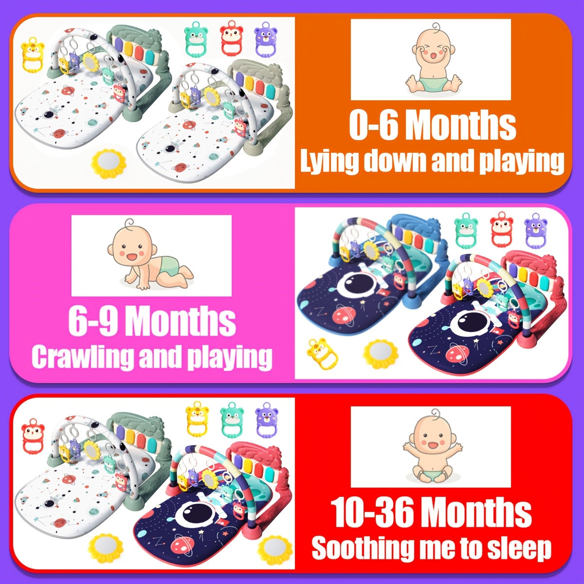 Musical baby gym play mat with piano and hanging toys, perfect for newborns. Features interactive lights and sounds, ideal gift for holidays. Assembly required. Made of polyester fiber.