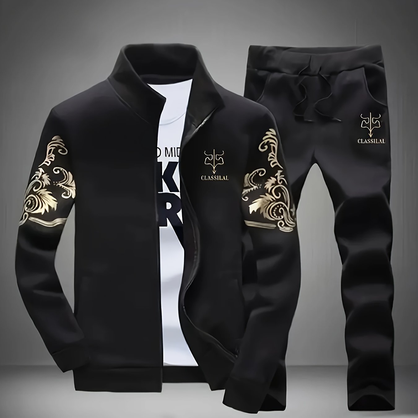 Men's Polyester Long Sleeve Sports Suit with Collared Neck Print, Regular Fit, Pocket, for Spring and Autumn.