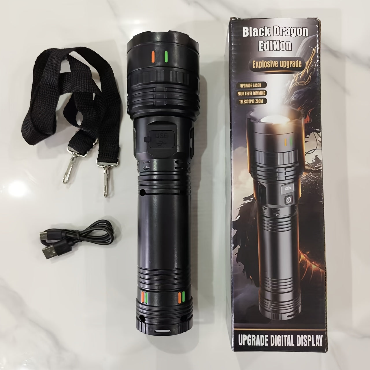 Ultra bright LED flashlight with 1000 lumens, 4 modes, 200m range, and adjustable beam. Includes a 3600mAh lithium battery that is USB Type-C rechargeable. Made of ABS material and suitable