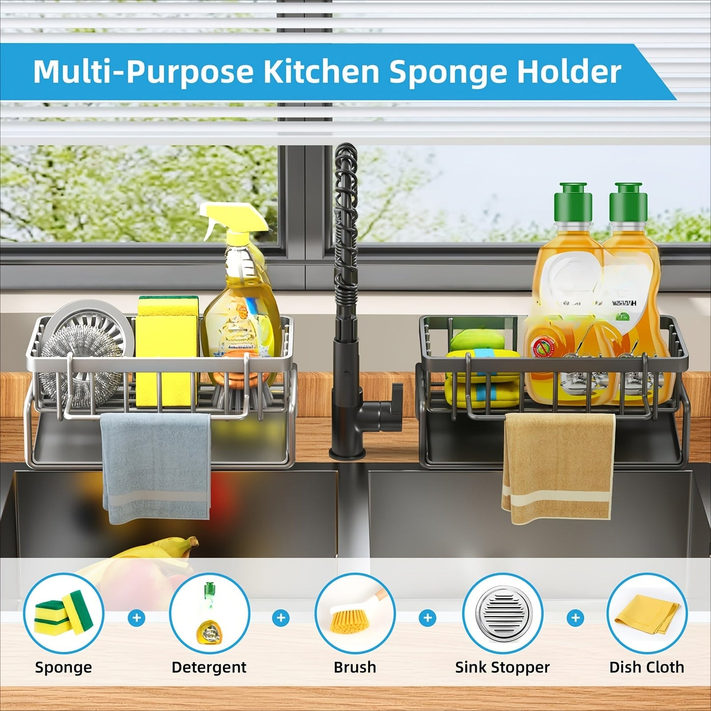 No need to drill with this versatile kitchen and bathroom storage rack with hooks, saving space and adding functionality to any room.