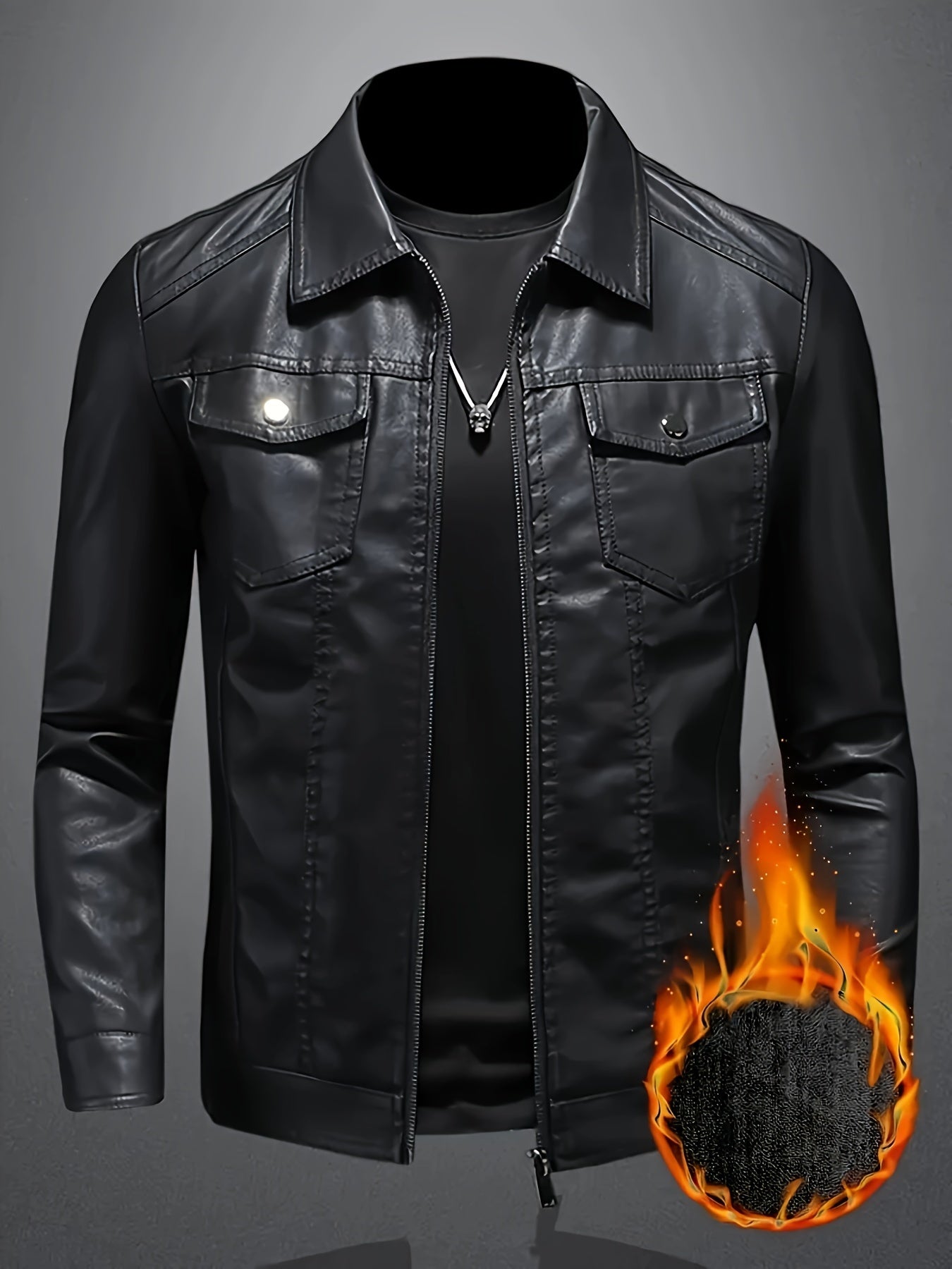 Men's Black Jacket with Fleece Lining - Zip-Up Collared Jacket for Fall and Winter