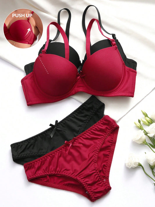 Glossy steel ring bra and lingerie set in plain color, 2-piece.