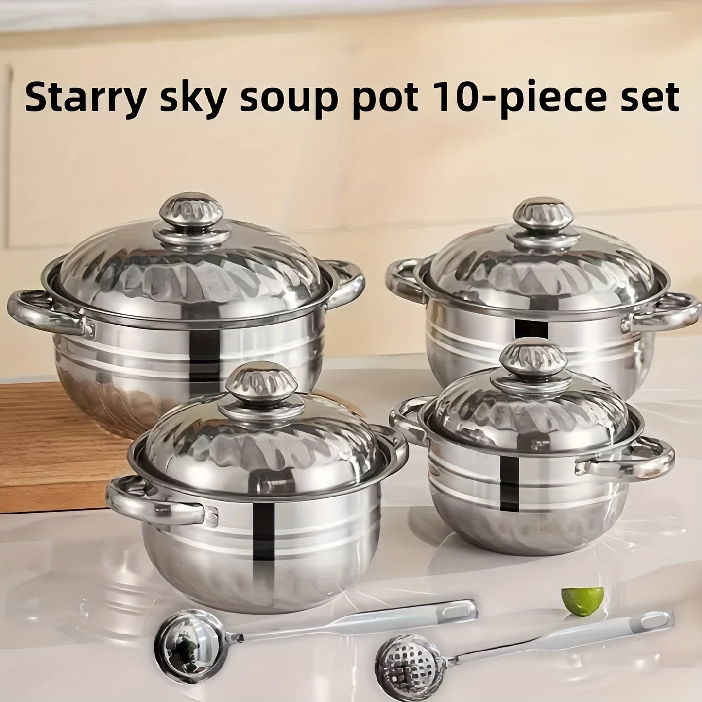 Set of 10 Stainless Steel Cookware Pieces with Lids and Spoons - 4 Pots Included, Featuring Double Handles for Convenient Handling, Ideal for Soups, Hot Pots, Noodles, and Seafood - Suitable for Use on Induction and Gas Stoves