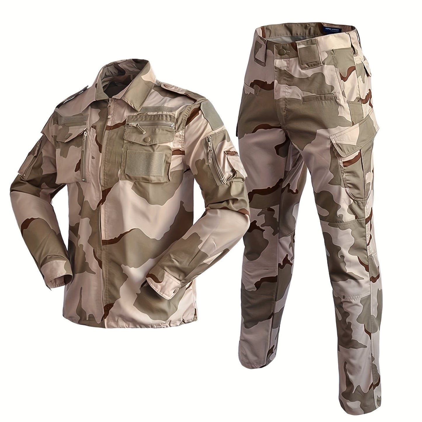 Durable and breathable men's camo training suit for outdoor activities, machine washable.