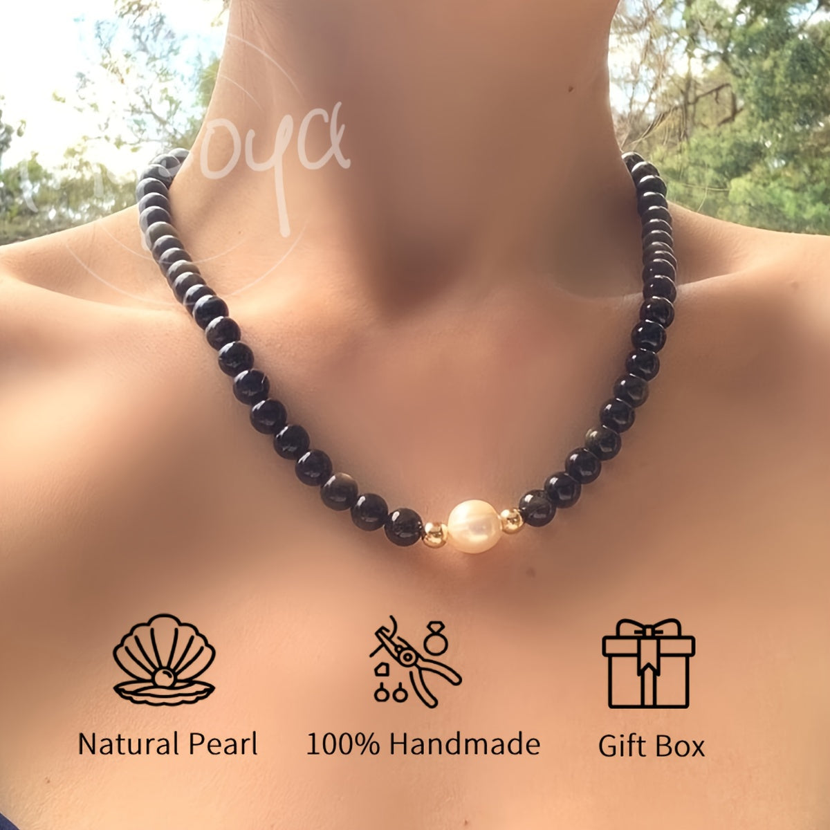 Handcrafted Natural Obsidian Baroque Pearl Necklace by MYSOYA featuring 7-9mm Freshwater Pearls. This vintage elegant piece is perfect for daily wear and special occasions, making it an ideal Valentine's Day gift. Comes with a gift box, making it an