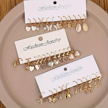 Multi-purpose set of earrings with elegant and simple designs including hearts, butterflies, flowers, and mushrooms, made of zinc alloy with stainless steel posts, suitable for everyday