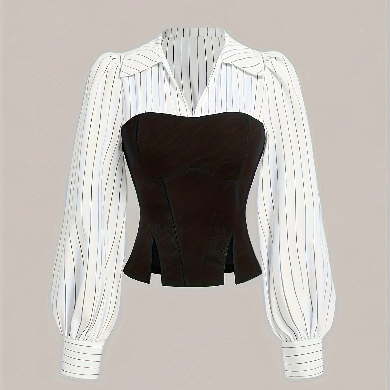 Elegant StripedPatchwork Lapel Collar Shirt, 100% Polyester Women's Casual Shirt for Spring/Summer.