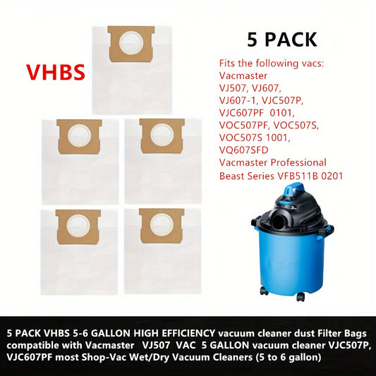 Pack of 5 VHBS High-Efficiency Dust Filter Bags designed for 18.93-22.71 L Wet/Dry Vacuums, compatible with Vacmaster VJ507, VJC507P, VJC607PF, and many Shop-Vac models. These filters are specially made for plastic canister vacuums.