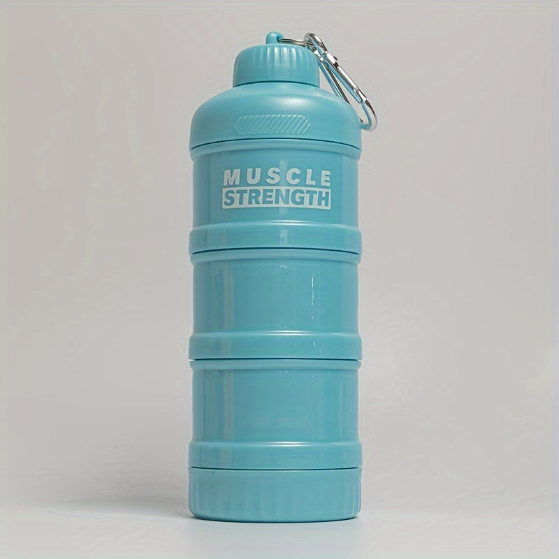 Portable protein powder container with a multi-tier plastic bottle for gym and outdoor sports, with a keychain. Size 7cm X 11cm/20cm/15.5cm.