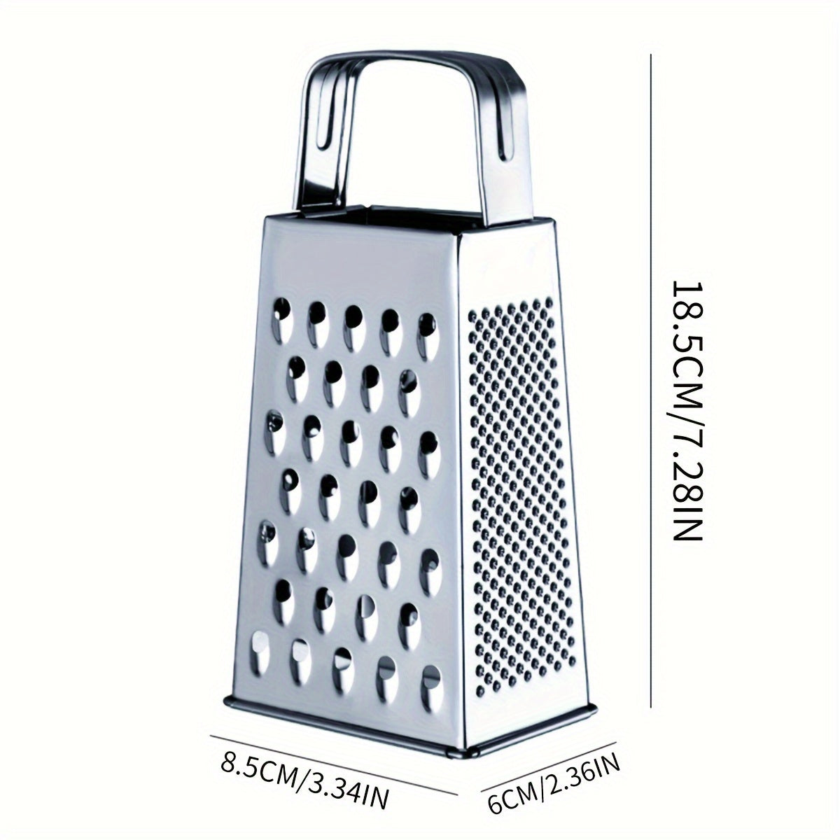 Upgrade your kitchen with the Stainless Steel 4-Sided Box Grater - a versatile tool for grating cheese, vegetables, and potatoes. This multifunctional grater features a non-slip handle for easy use.