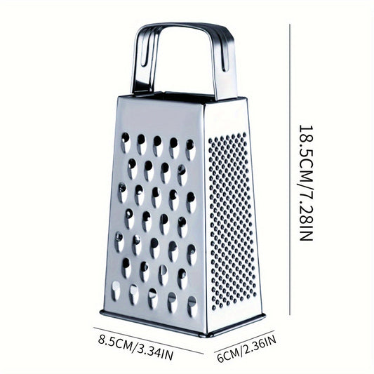 Upgrade your kitchen with the Stainless Steel 4-Sided Box Grater - a versatile tool for grating cheese, vegetables, and potatoes. This multifunctional grater features a non-slip handle for easy use.