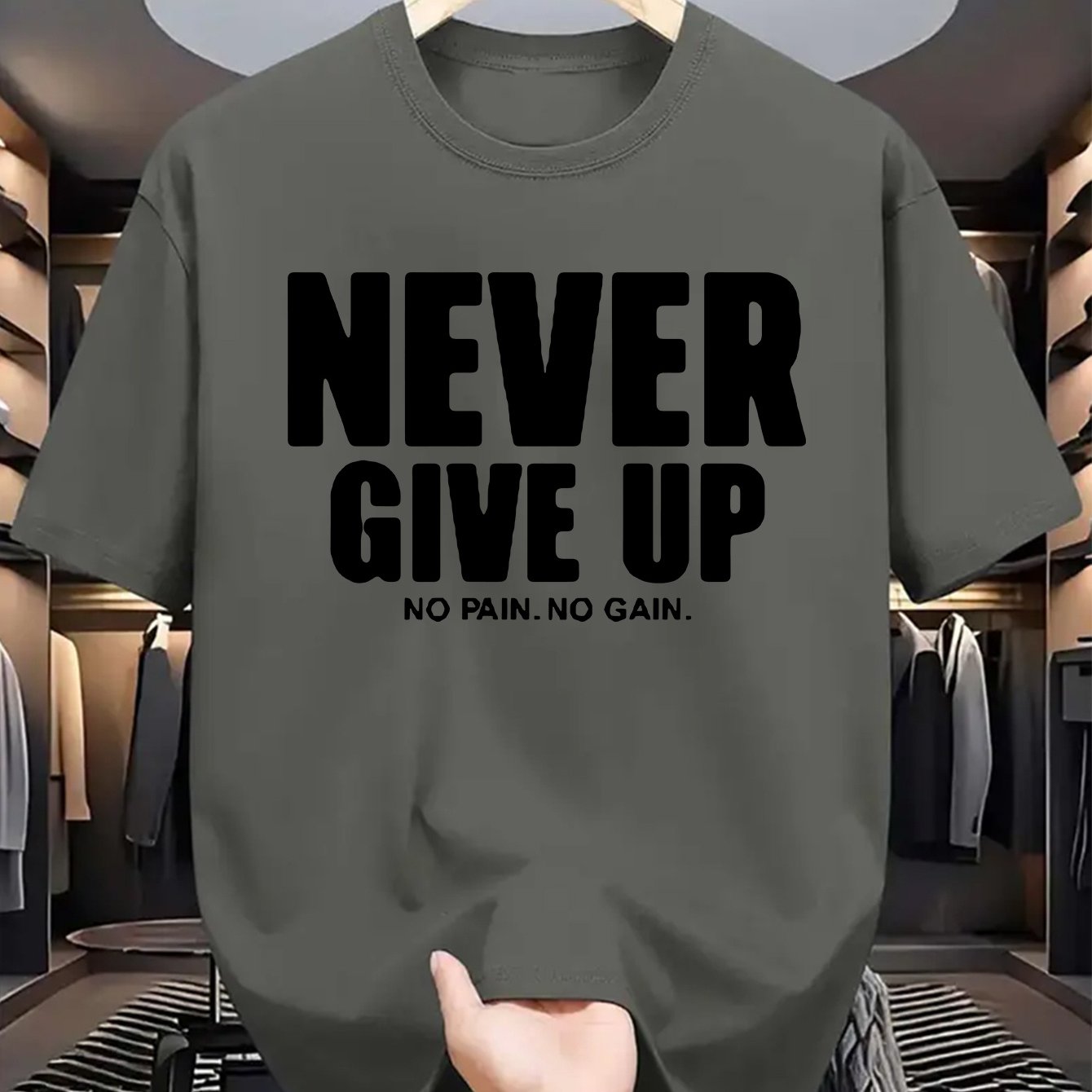 Men's casual crew neck t-shirt with "Never Give Up" print, made of polyester knit fabric with a slight stretch for a regular fit. Perfect for daily wear in summer with short sleeves.