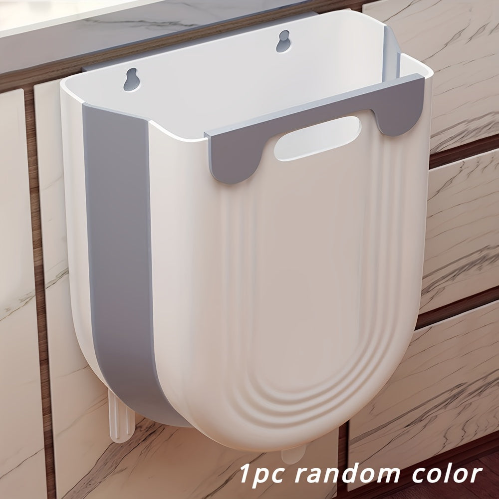 Compact folding plastic trash can for household use in various locations such as home, car, bedroom, and bathroom.