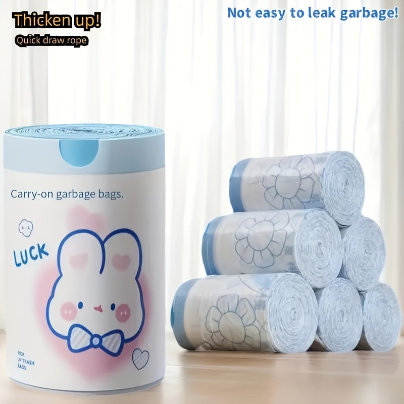 100 cute cartoon drawstring garbage bags made of leak-proof HDPE plastic. These heavy-duty bags have a capacity of 5.99 KG, perfect for managing household and garden waste effectively.