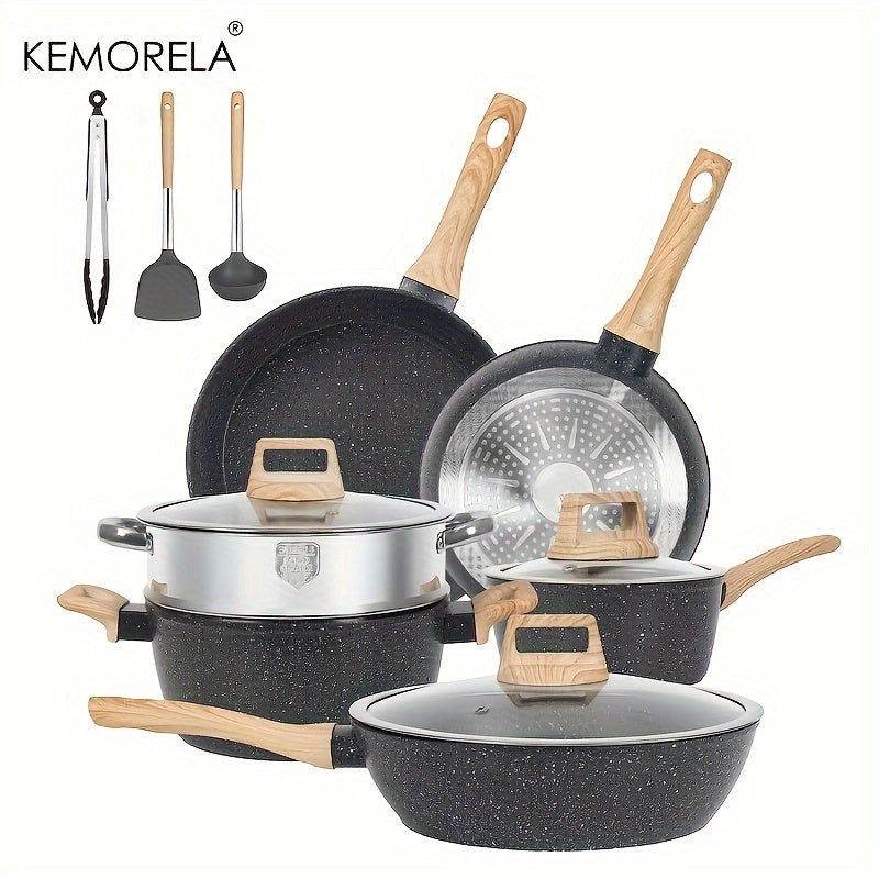 12-Piece Nonstick Cookware Set from KEMORELA - Aluminum Pots and Pans for Your Kitchen with Induction Base, Complete with Frying Pan, Saucepan, Steamer, Silicone Utensils & Tongs - Free of PFAS, PFOA, Lead, and Cadmium