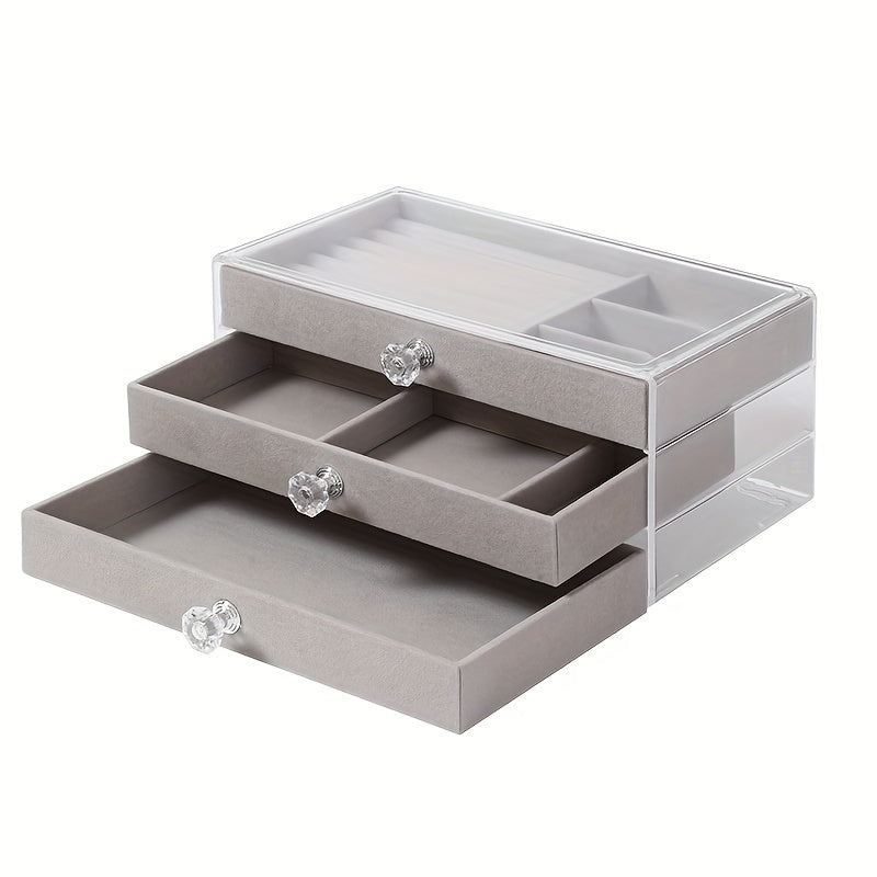 Transparent three-layer portable jewelry storage box with large capacity and dustproof drawers. Perfect for storing earrings, necklaces, and other jewelry. Ideal gift for Valentine's Day, Christmas, or any special occasion.