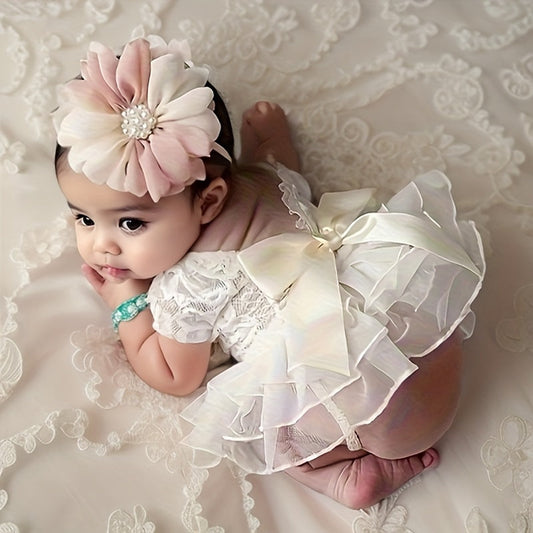 Charming Outfit Set for Newborn Photography: Lace Romper Bodysuit & Headband Accessories for Baby Girls