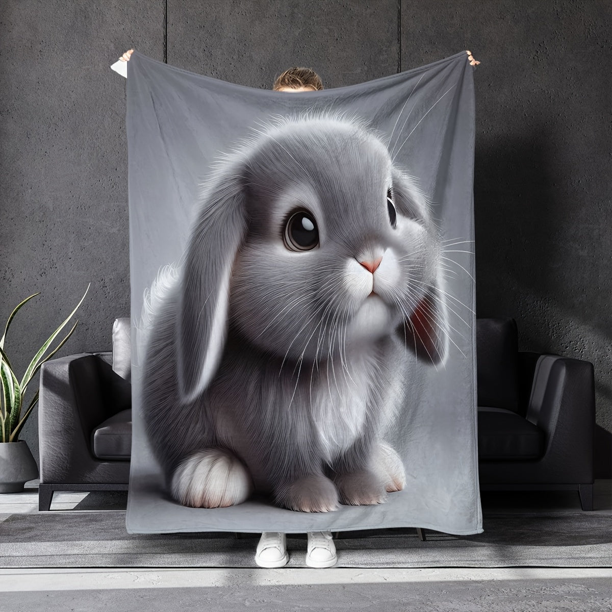 Soft, cuddly Gray Rabbit 3D Cartoon Plush Blanket - Suitable for year-round use, ideal for couch, trips, bedroom, car, work - Made from cozy polyester material