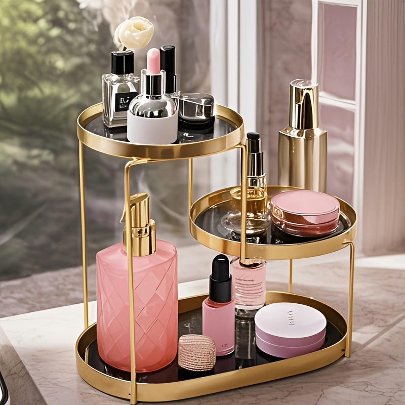 Stylish Gold Tiered Makeup Organizer - Portable, No Assembly Required - Ideal for Both Men and Women