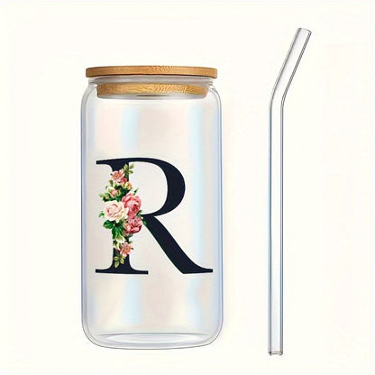 Alphabet flowers drinking glass with bamboo lid and straw, ideal birthday gift for women, friends, girls. 16 oz coffee glass, perfect for moms.