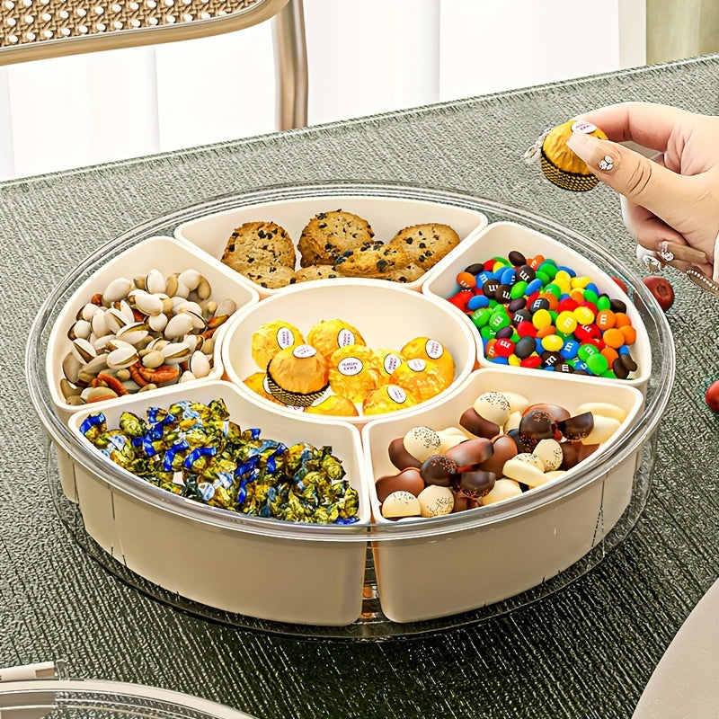 Rotating snack tray with lid for food storage and display, perfect for home, parties, and holidays. Safe for food contact, suitable for various occasions. Ideal for nuts, dried fruit, candy.