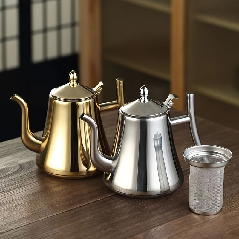 A versatile tea and coffee set featuring a stainless steel teapot with a removable infuser, a golden teapot with a filter, and a coffee pot with a filter. This Middle Eastern gift tea set comes in a beautiful gift box, making it perfect for use at home