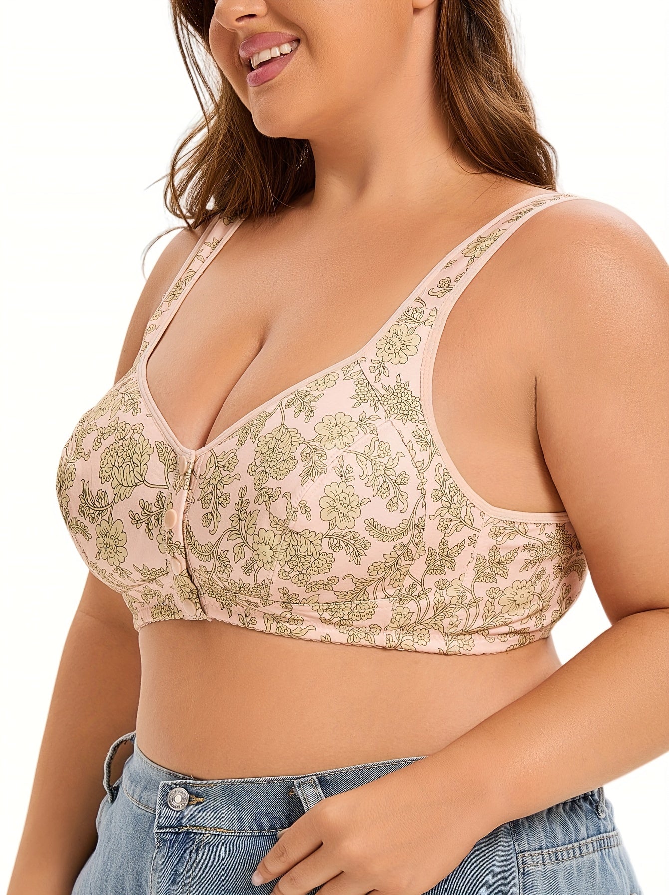 Floral polyester bralettes in plus size, wireless with front button and knit fabric, no padding, slight stretch, simple style, made of 95% polyester and 5% spandex.