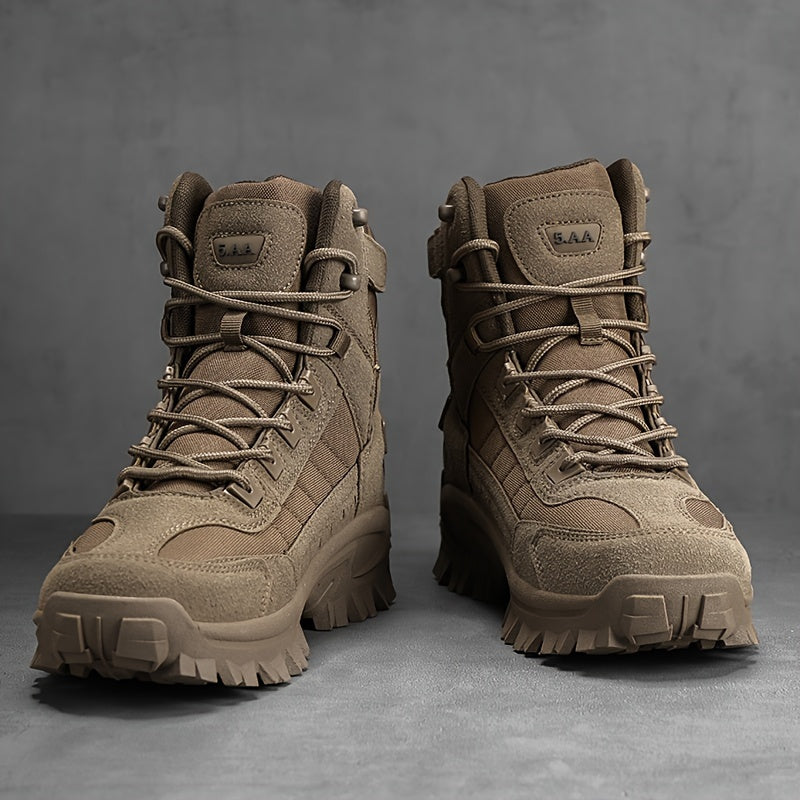 Durable men's khaki hiking boots with side zipper, non-slip sole, mesh lining for outdoor adventures.