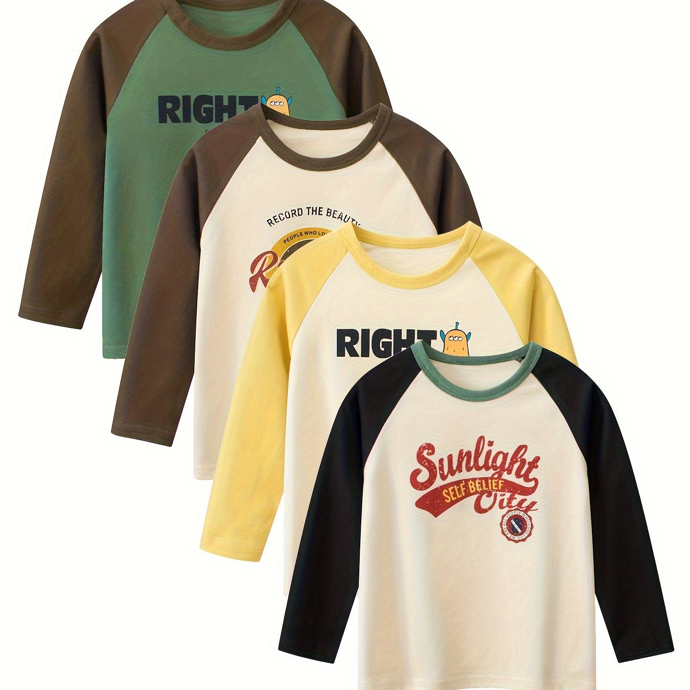 4 boys' cotton long sleeve T-shirts with cartoon print and crew neck, ideal for spring/fall.