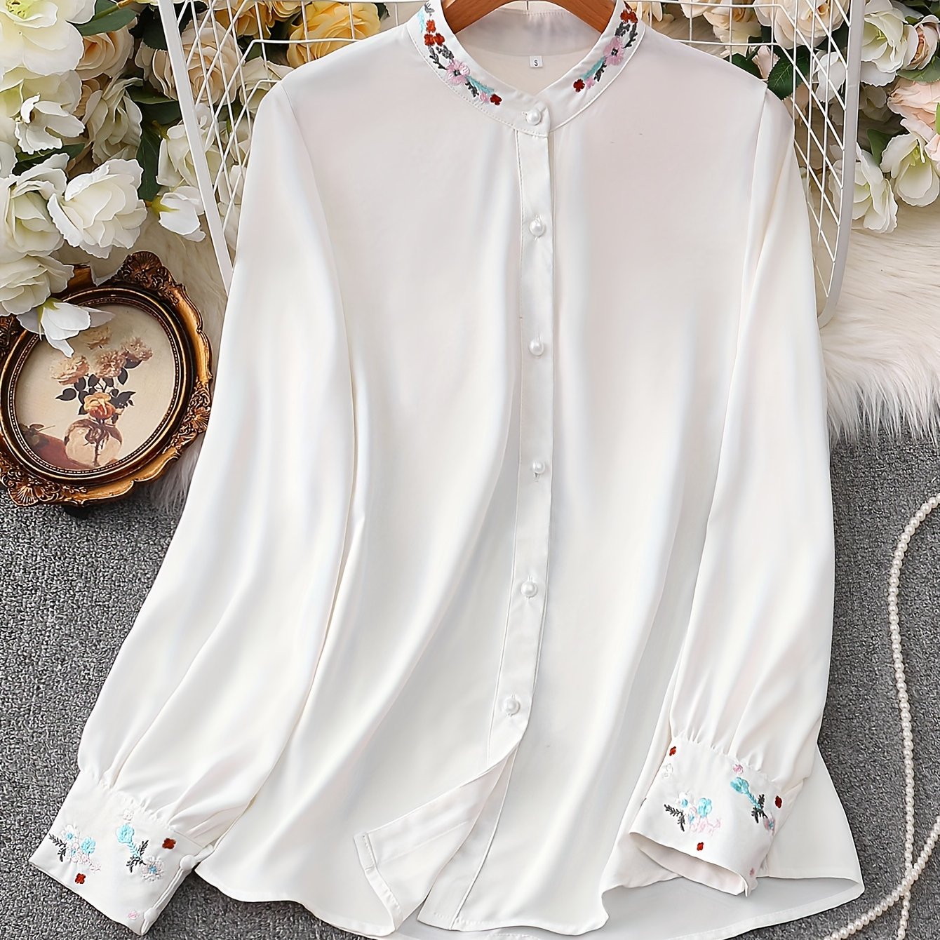 Floral Embroidered Button Front Blouse, Elegant Long Sleeve Women's Top for Spring and Fall