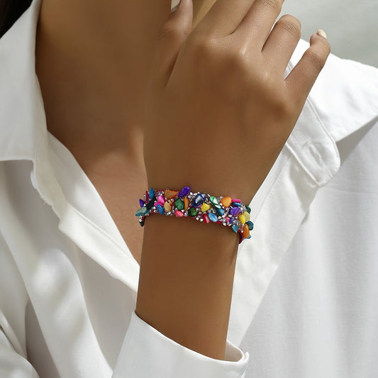 Boho-inspired Wide Bangle Bracelet with Colorful Inlaid Shiny Faux Gems and Rhinestones, Elegant Hand Jewelry Piece