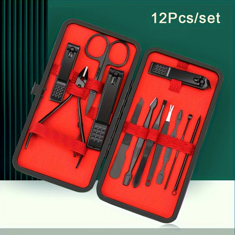 Black and Red Nail Set with Stainless Steel Professional Pedicure Kit and Leather Travel Case.