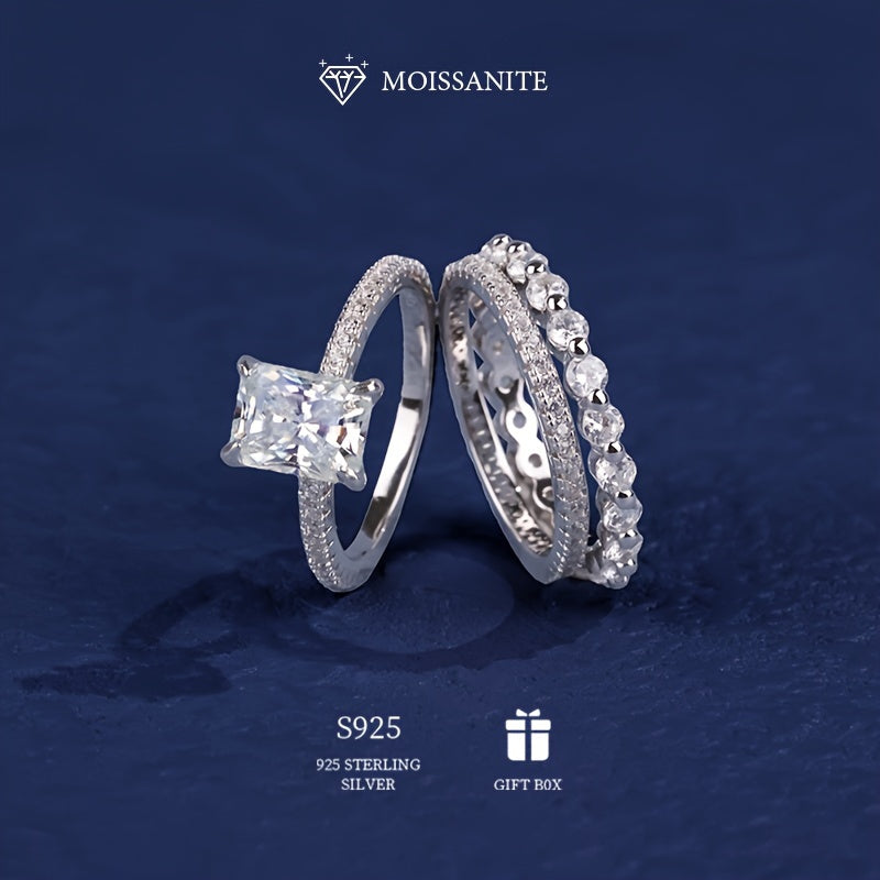 3-Piece Set of Classic Princess Beaded Stacking Rings for Women, featuring 2ct and 3ct Rectangular Moissanite Stones in Hypoallergenic 925 Sterling Silver. Perfect Valentine's Day Gift, Engagement, or Wedding Ring. Includes Moissanite Certificate and