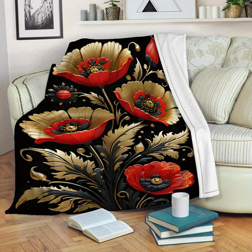 Soft and Comfortable Floral Printed Fleece Throw Blanket featuring a Golden and Red 3D Floral Design. Perfect for use in the Living Room, Bedroom, Sofa, or even on a Picnic. Made with Durable Polyester Fabric, this blanket is suitable for All-Season Use.