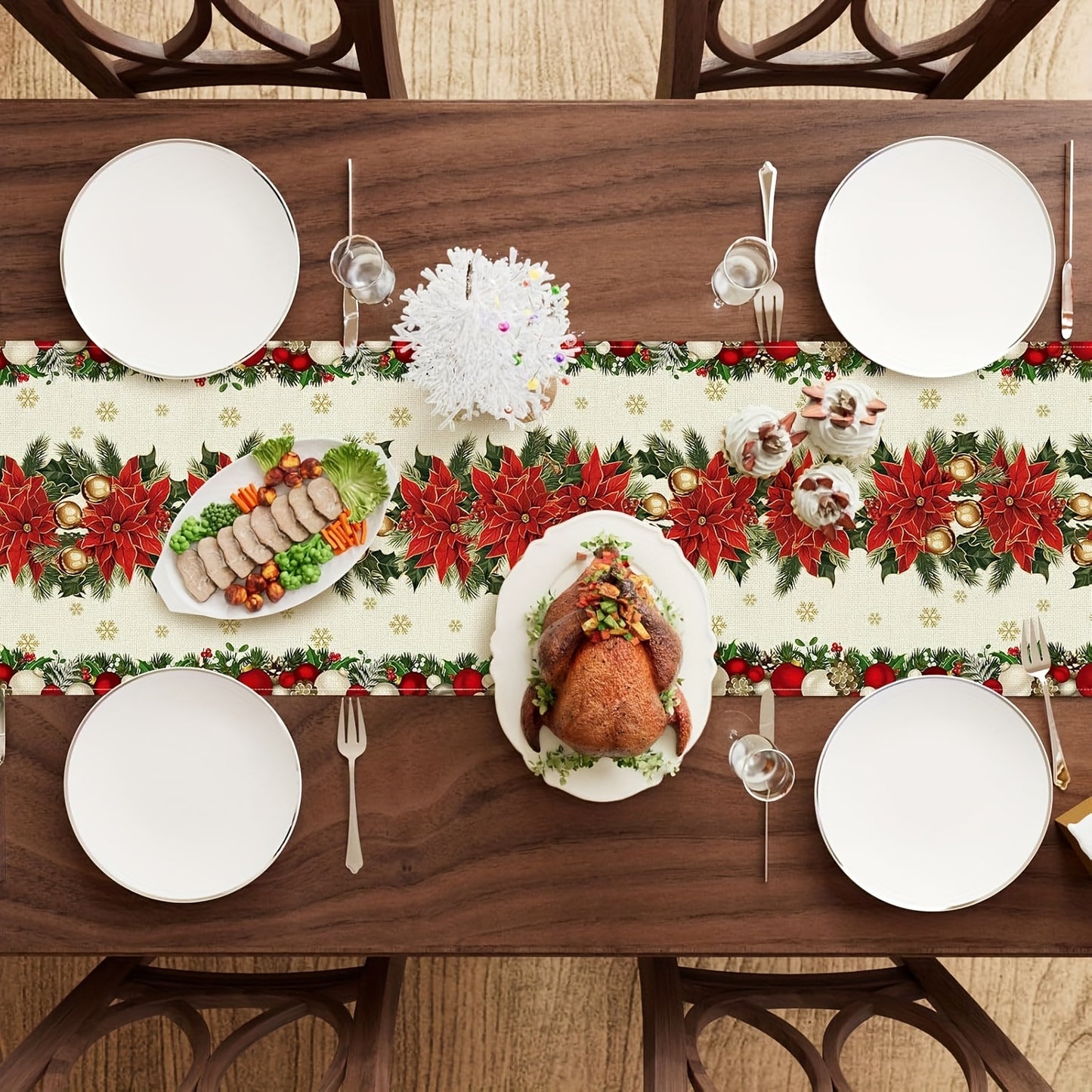 Snowflakes Christmas Linen Table Runner in various sizes for home decoration.