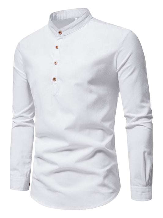 Men's 100% Cotton Solid Long Sleeve Stand Collar Shirt for Summer Outdoor Activities