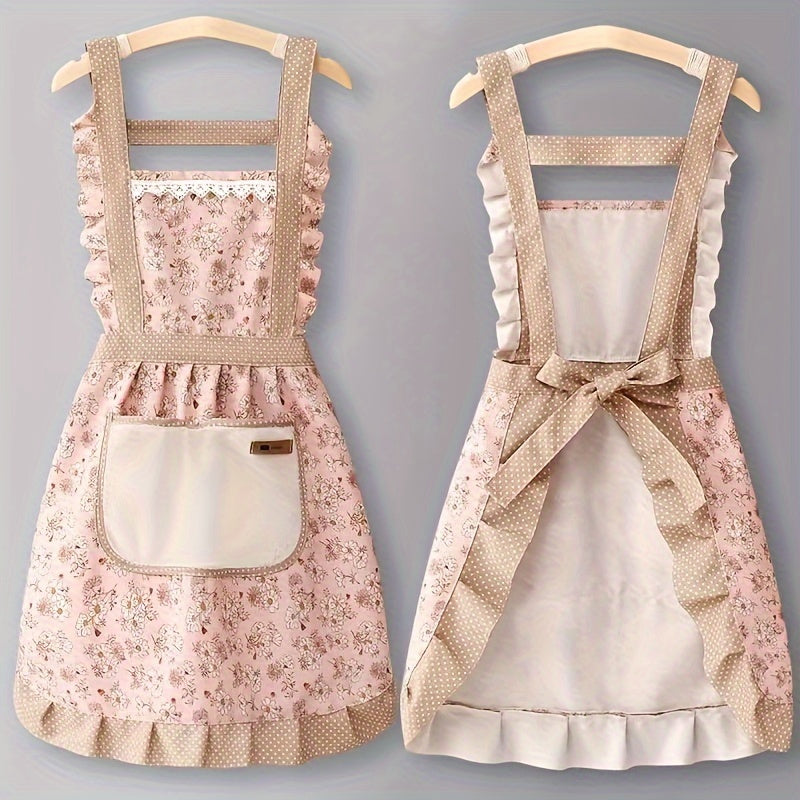 1pc Floral Lace Princess Apron with Hand Wipe Pocket - Ideal for Cleaning in Kitchen, Living Room, Bathroom